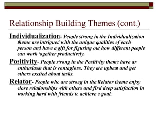 Relationship Building Themes (cont.)
Individualization- People strong in the Individualization
theme are intrigued with the unique qualities of each
person and have a gift for figuring out how different people
can work together productively.
Positivity- People strong in the Positivity theme have an
enthusiasm that is contagious. They are upbeat and get
others excited about tasks.
Relator- People who are strong in the Relator theme enjoy
close relationships with others and find deep satisfaction in
working hard with friends to achieve a goal.
 