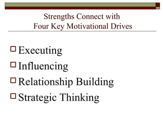 Strengths Connect with
Four Key Motivational Drives
 Executing
 Influencing
 Relationship Building
 Strategic Thinking
 