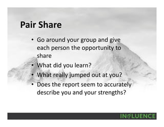 Pair Share
• Go around your group and give 
each person the opportunity to 
share
• What did you learn?
• What really jumped out at you?
• Does the report seem to accurately 
describe you and your strengths?
 