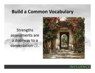 Build a Common Vocabulary
Strengths 
assessments are 
a doorway to a 
conversation . . . 
 