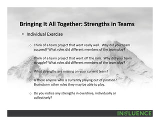 Bringing It All Together: Strengths in Teams
• Individual Exercise
o Think of a team project that went really well.  Why did your team 
succeed? What roles did different members of the team play?
o Think of a team project that went off the rails.  Why did your team 
struggle? What roles did different members of the team play?
o What strengths are missing on your current team?
o Is there anyone who is currently playing out of position? 
Brainstorm other roles they may be able to play.
o Do you notice any strengths in overdrive, individually or 
collectively?
 