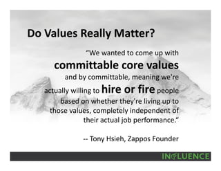 Do Values Really Matter?
“We wanted to come up with 
committable core values
and by committable, meaning we're 
actually willing to hire or firepeople 
based on whether they're living up to 
those values, completely independent of 
their actual job performance.“
‐‐ Tony Hsieh, Zappos Founder
 