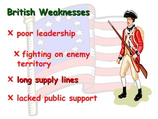 British Weaknesses <ul><li>lacked public support   </li></ul><ul><li>long supply lines </li></ul><ul><li>poor leadership <...