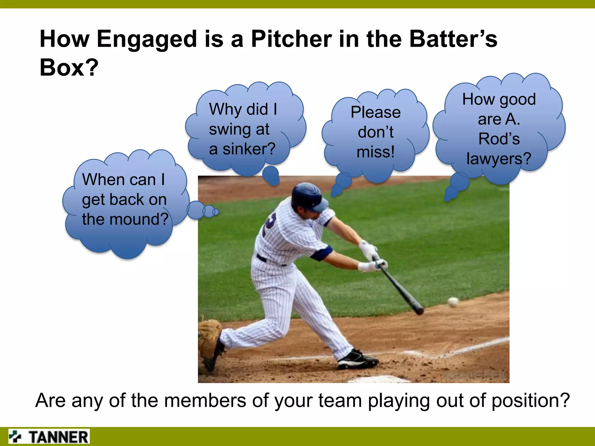How Engaged is a Pitcher in the Batter’s
Box?
Why did I
swing at
a sinker?

Please
don‟t
miss!

How good
are A.
Rod‟s
lawyers?

When can I
get back on
the mound?

Are any of the members of your team playing out of position?

 