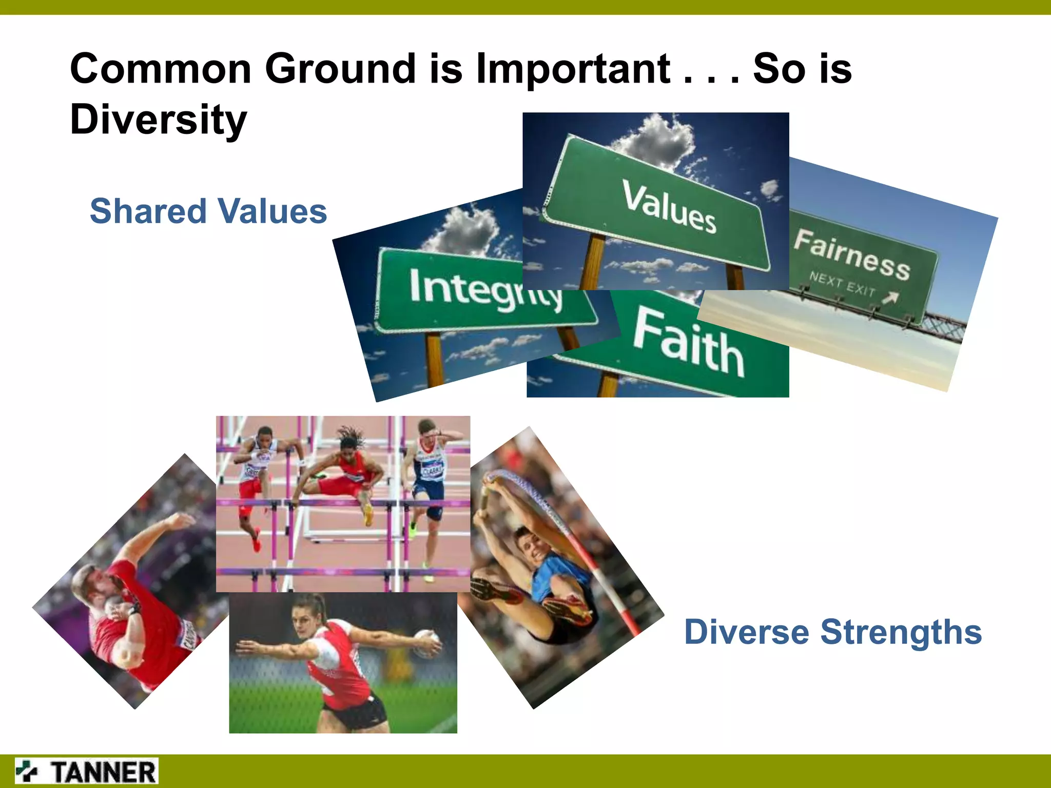 Common Ground is Important . . . So is
Diversity
Shared Values

Diverse Strengths

 