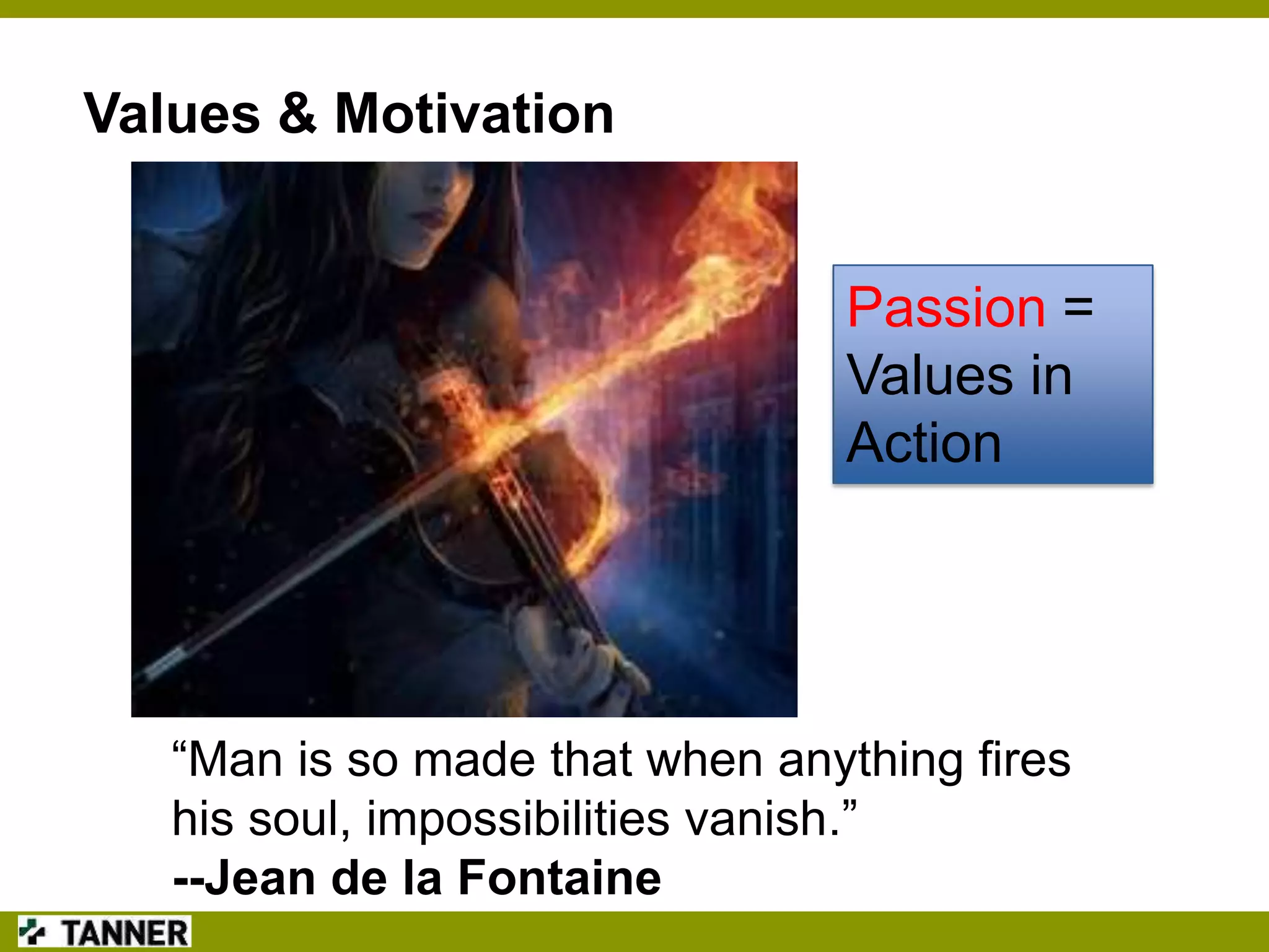 Values & Motivation

Passion =
Values in
Action

“Man is so made that when anything fires
his soul, impossibilities vanish.”
--Jean de la Fontaine

 