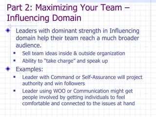 Part 2: Maximizing Your Team – Influencing Domain  Leaders with dominant strength in Influencing domain help their team reach a much broader audience. Sell team ideas inside & outside organization  Ability to “take charge” and speak up Examples: Leader with Command or Self-Assurance will project authority and win followers Leader using WOO or Communication might get people involved by getting individuals to feel comfortable and connected to the issues at hand 