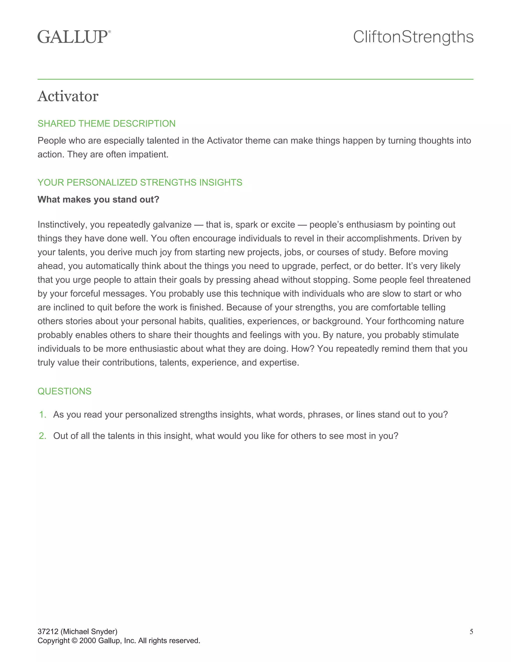 Clifton Strengths: Insight and Action Planning Guide -Top 10 Strengths ...