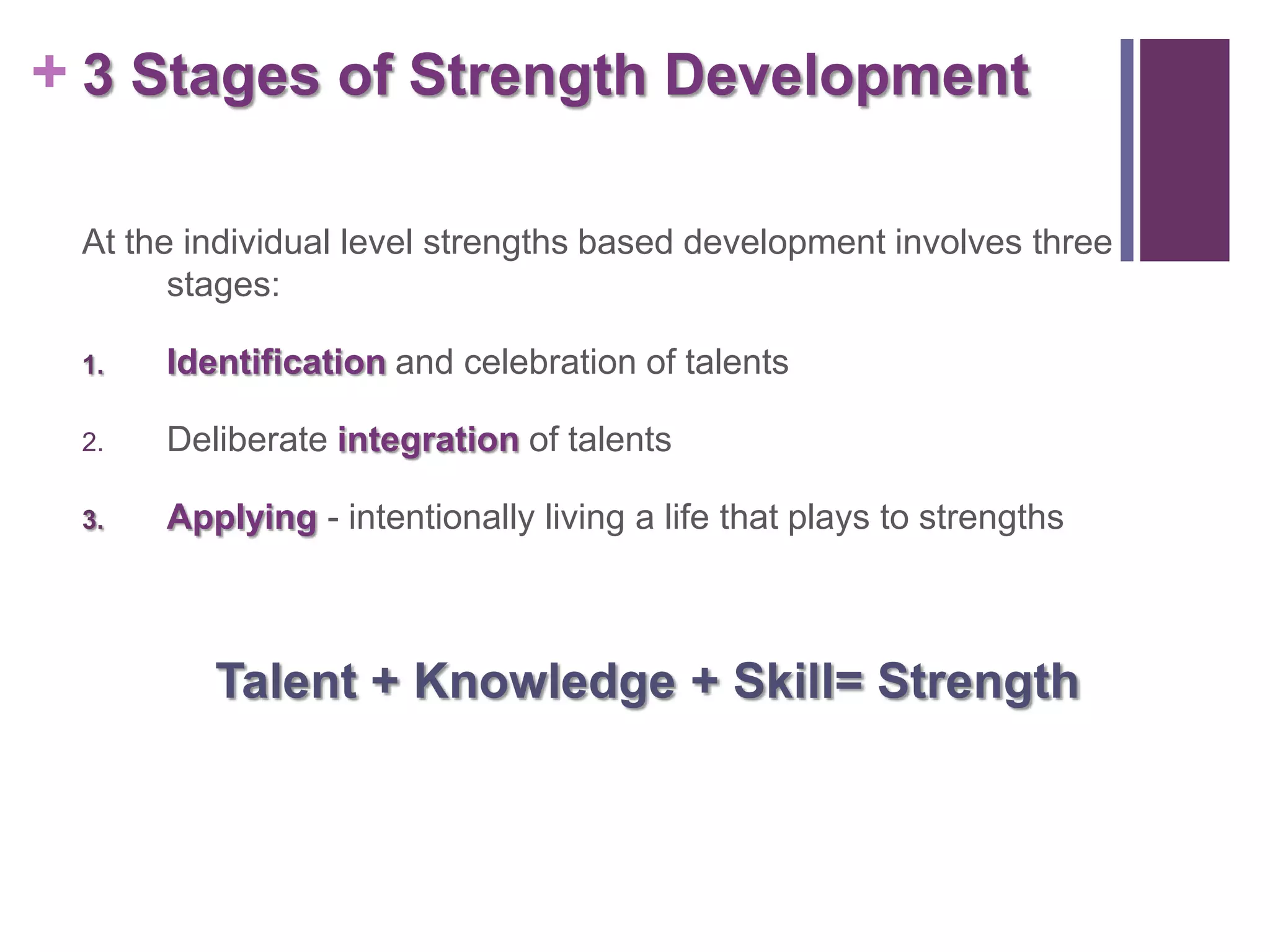 + 3 Stages of Strength Development

 At the individual level strengths based development involves three
       stages:

 1.   Identification and celebration of talents

 2.   Deliberate integration of talents

 3.   Applying - intentionally living a life that plays to strengths



         Talent + Knowledge + Skill= Strength
 