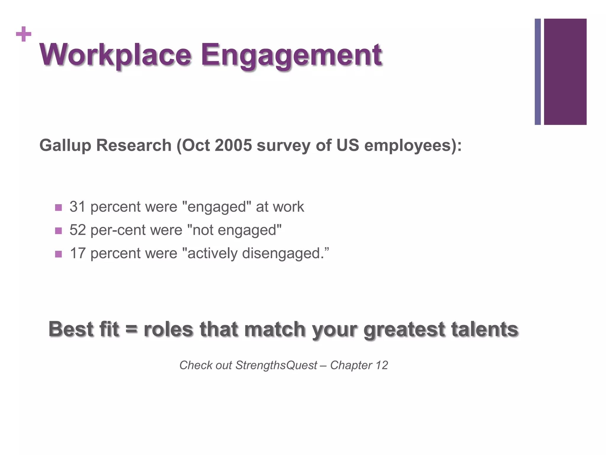 +
    Workplace Engagement

    Gallup Research (Oct 2005 survey of US employees):


        31 percent were "engaged" at work
        52 per-cent were "not engaged"
        17 percent were "actively disengaged.”




     Best fit = roles that match your greatest talents
                         Check out StrengthsQuest – Chapter 12
 