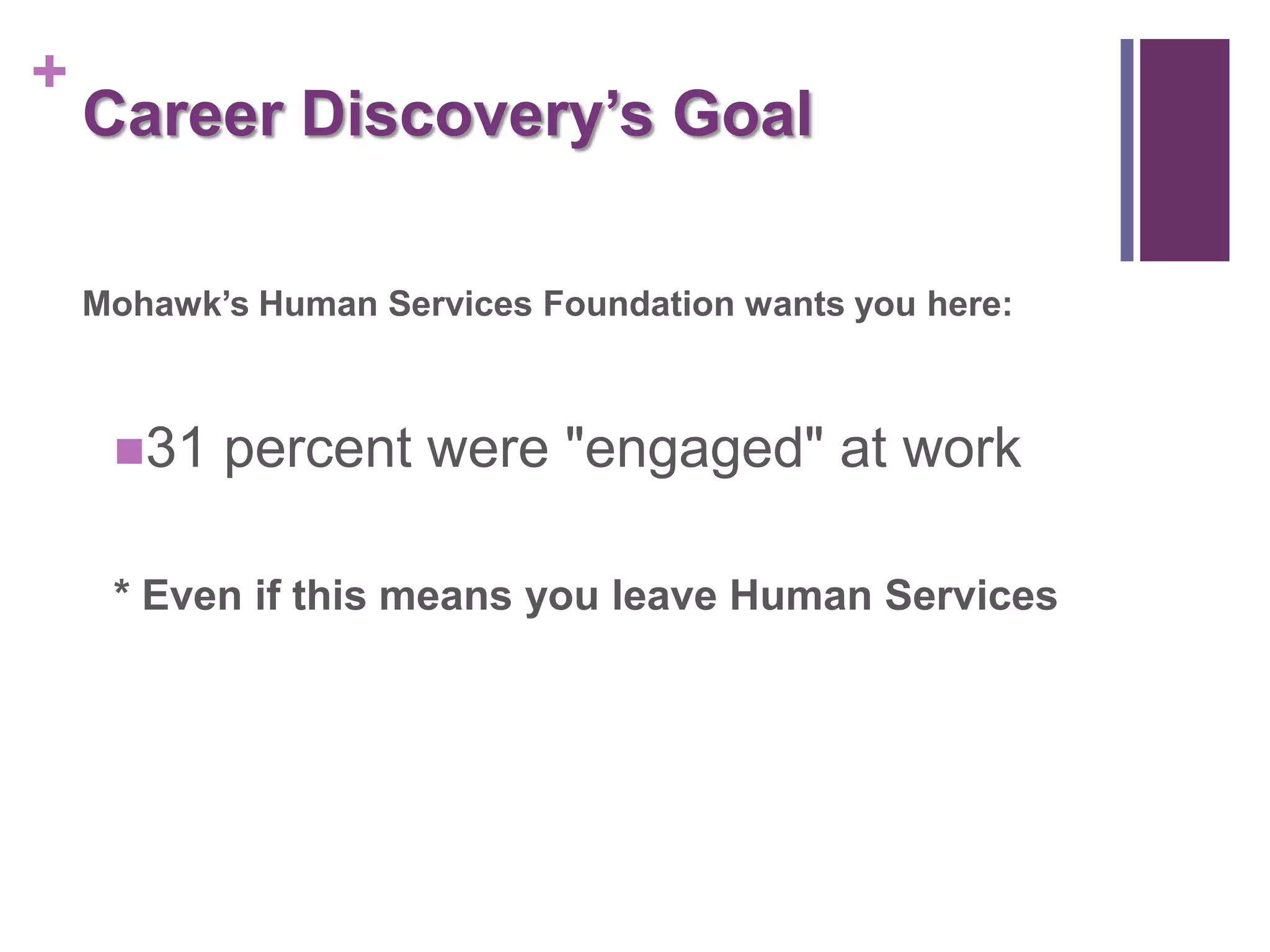 +
    Career Discovery’s Goal

    Mohawk’s Human Services Foundation wants you here:



     31   percent were "engaged" at work

     * Even if this means you leave Human Services
 