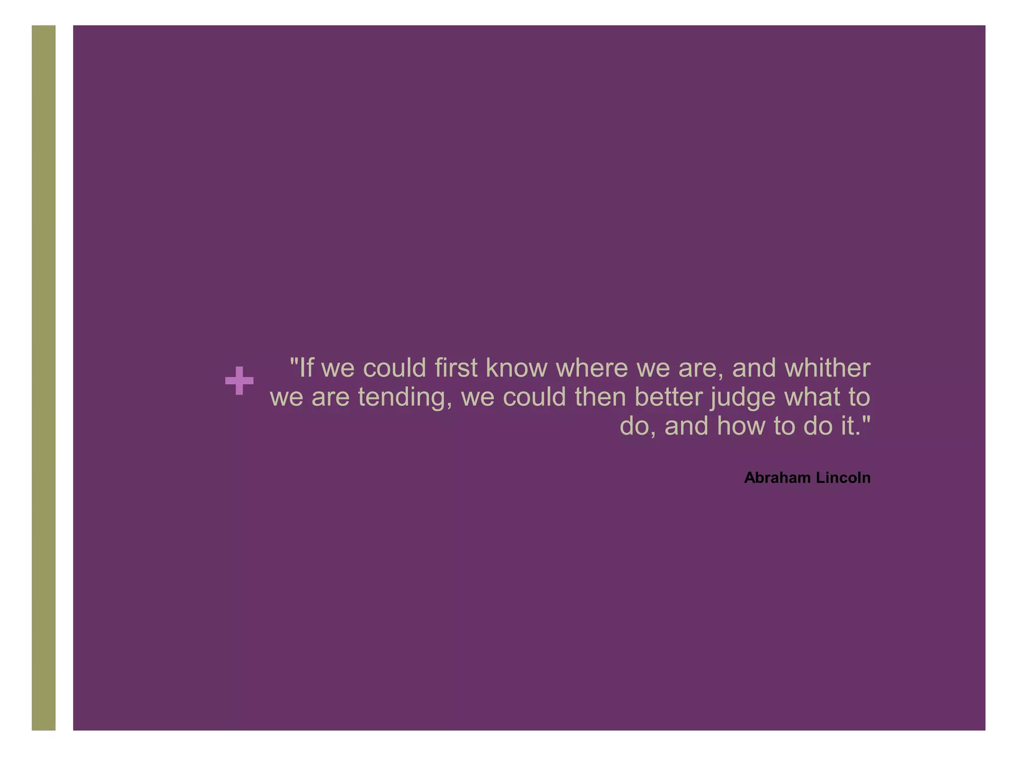 "If we could first know where we are, and whither
+   we are tending, we could then better judge what to
                                 do, and how to do it."
                                            Abraham Lincoln
 