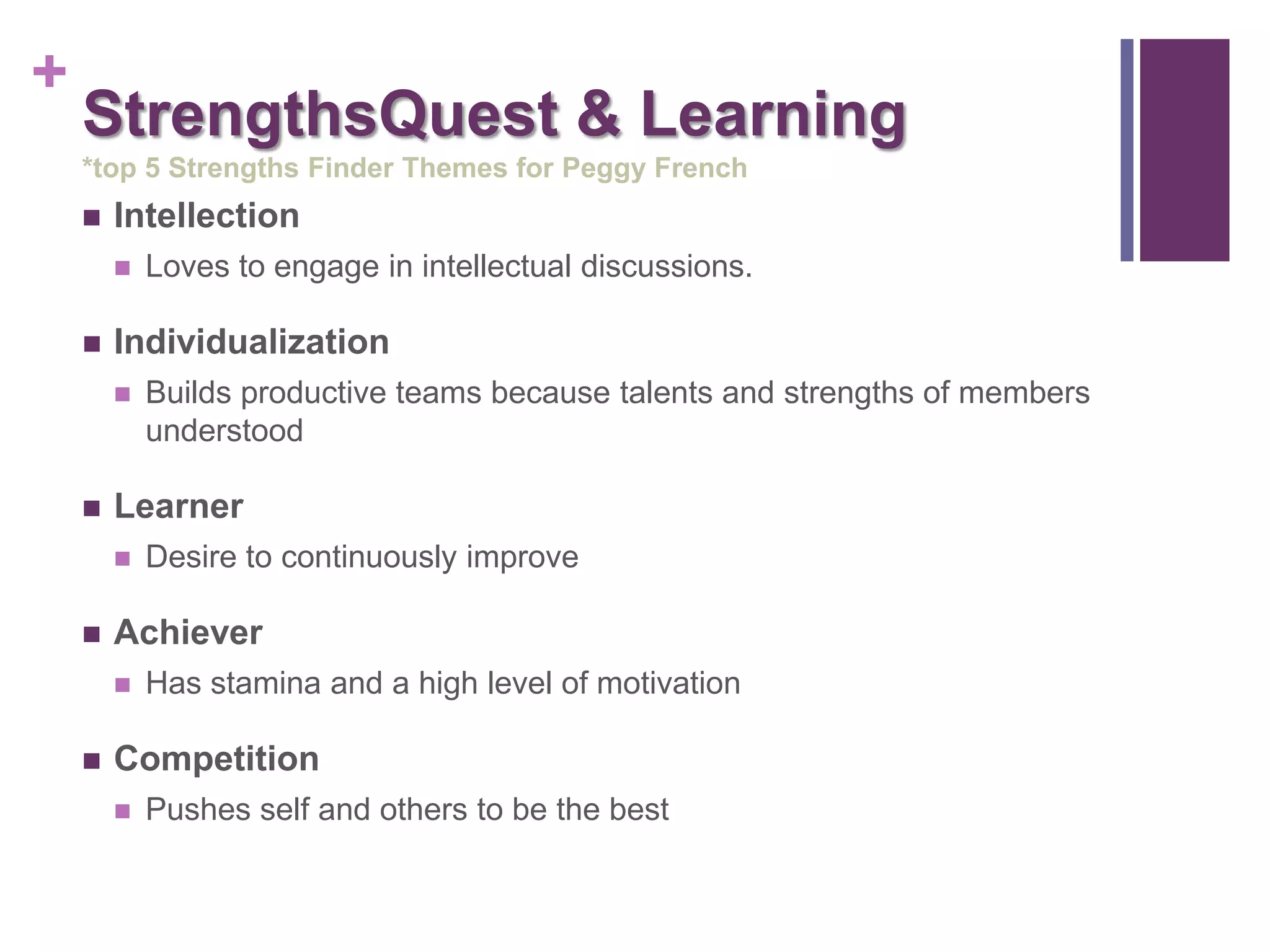 +
    StrengthsQuest & Learning
    *top 5 Strengths Finder Themes for Peggy French
       Intellection
           Loves to engage in intellectual discussions.

       Individualization
           Builds productive teams because talents and strengths of members
            understood

       Learner
           Desire to continuously improve

       Achiever
           Has stamina and a high level of motivation

       Competition
           Pushes self and others to be the best
 