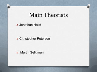 Main Theorists
O Jonathan Haidt




O Christopher Peterson




O Martin Seligman
 