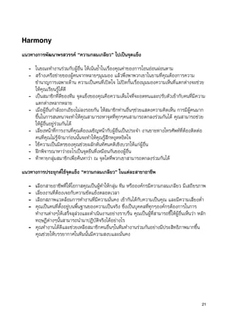 Harmony

แนวทางการพัฒนาพรสวรรค “ความกลมเกลียว” ไปเปนจุดแข็ง

   - ในขณะทำงานรวมกับผูอื่น ใหเนนย้ำในเรื่องคุณคาของการโอนออนผอนตาม
   - สรางเครือขายของผูคนจากหลายๆมุมมอง แลวพึ่งพาพวกเขาในยามที่คุณตองการความ
     ชำนาญการเฉพาะดาน ความเปนคนที่เปดใจ ไมปดกั้นเรื่องมุมมองความเห็นที่แตกตางจะชวย
     ใหคุณเรียนรูไดดี
   - เปนสมาชิกที่ดีของทีม จุดแข็งของคุณคือความเต็มใจที่จะอดทนและปรับตัวเขากับคนที่มีความ
     แตกตางหลากหลาย
   - เมื่อผูอื่นกำลังถกเถียงไมลงรอยกัน ใหสมาชิกทานอื่นๆชวยแสดงความคิดเห็น การมีผูคนมาก
     ขึ้นในการสนทนาจะทำใหคุณสามารถหาจุดที่ทุกๆคนสามารถตกลงรวมกันได คุณสามารถชวย
     ใหผูอื่นอยูรวมกันได
   - เลี่ยงหนาที่การงานที่คุณตองเผชิญหนากับผูอื่นเปนประจำ งานขายทางโทรศัพทที่ตองติดตอ
     คนที่คุณไมรูจักมากอนนั้นจะทำใหคุณรูสึกหงุดหงิดใจ
   - ใชความเปนมิตรของคุณชวยผลักดันทัศนคติเชิงบวกใหแกผูอื่น
   - ฝกพิจารณาหาวาอะไรเปนจุดยืนที่เหมือนกันของผูอื่น
   - ทาทายกลุมสมาชิกเพื่อคนหาวา ณ จุดใดที่พวกเขาสามารถตกลงรวมกันได
แนวทางการประยุกตใชจุดแข็ง “ความกลมเกลียว” ในแตละสาขาอาชีพ

   - เลือกสายอาชีพที่ใหโอกาสคุณเปนผูทำใหกลุม ทีม หรือองคกรมีความกลมเกลียว มีเสถียรภาพ
   - เลี่ยงงานที่ตองเจอกับความขัดแยงตลอดเวลา
   - เลือกสภาพแวดลอมการทำงานที่มีความมั่นคง เขากันไดกับความเปนคุณ และมีความเสี่ยงต่ำ
   - คุณเปนคนที่ตั้งอยูบนพื้นฐานของความเปนจริง ซึ่งเปนบุคคลที่ทุกๆองคกรตองการในการ
     ทำงานตางๆใหเสร็จลุลวงและดำเนินงานอยางราบรื่น คุณเปนผูที่สามารถชี้ใหผูอื่นเห็นวา หลัก
     ทฤษฏีตางๆนั้นสามารถนำมาปฏิบัติจริงไดอยางไร
   - คุณทำงานไดดีและชวยเหลือสมาชิกคนอื่นๆในทีมทำงานรวมกันอยางมีประสิทธิภาพมากขึ้น
     คุณชวยใหบรรยากาศในทีมนั้นมีความสงบและมั่นคง




                                                                                               21
 