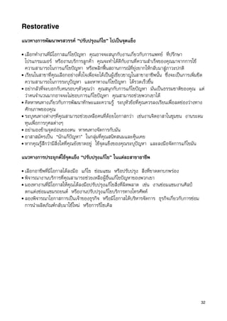 Restorative

แนวทางการพัฒนาพรสวรรค “ปรับปรุงแกไข” ไปเปนจุดแข็ง
• เลือกทำงานที่มีโอกาสแกไขปญหา คุณอาจจะสนุกกับงานเกี่ยวกับการแพทย ที่ปรึกษา
  โปรแกรมเมอร หรืองานบริการลูกคา คุณจะทำไดดีกับงานที่ความสำเร็จของคุณมาจากการใช
  ความสามารถในการแกไขปญหา หรือพลิกฟนสถานการณที่ยุงยากใหกลับมาสูภาวะปกติ
• เรียนในสาขาที่คุณเลือกอยางตั้งใจเพื่อจะไดเปนผูเชี่ยวชาญในสาขาอาชีพนั้น ซึ่งจะเปนการเพิ่มขีด
  ความสามารถในการระบุปญหา และหาทางแกไขปญหา ไดรวดเร็วขึ้น
• อยากลัวที่จะบอกกับคนรอบๆตัวคุณวา คุณสนุกกับการแกไขปญหา มันเปนธรรมชาติของคุณ แต
  วาคนจำนวนมากอาจจะไมชอบการแกไขปญหา คุณสามารถชวยพวกเขาได
• คิดหาหนทางเกี่ยวกับการพัฒนาทักษะและความรู ระบุหัวขอที่คุณควรลงเรียนเพื่อลดชองวางทาง
  ศักยภาพของคุณ
• ระบุหนทางตางๆที่คุณสามารถชวยเหลือคนที่ดอยโอกาสกวา เชนงานจิตอาสาในชุมชน งานระดม
  ทุนเพื่อการกุศลตางๆ
• อยามองขามจุดออนของตน หาหนทางจัดการกับมัน
• อาสาสมัครเปน “นักแกปญหา” ในกลุมที่คุณสนิทสนมและคุนเคย
• หากคุณรูสึกวามีสิ่งใดที่คุณยังขาดอยู ใชจุดแข็งของคุณระบุปญหา และลงมือจัดการแกไขมัน


แนวทางการประยุกตใชจุดแข็ง “ปรับปรุงแกไข” ในแตละสาขาอาชีพ
• เลือกอาชีพที่มีโอกาสไดลงมือ แกไข ซอมแซม หรือปรับปรุง สิ่งที่ขาดตกบกพรอง
• พิจารณางานบริการที่คุณสามารถชวยเหลือผูอื่นแกไขปญหาของพวกเขา
• มองหางานที่มีโอกาสใหคุณไดลงมือปรับปรุงแกไขสิ่งที่ผิดพลาด เชน งานซอมแซมงานศิลป
  ตกแตงซอมแซมรถยนต หรืองานปรับปรุงแกไขบริการทางโทรศัพท
• ลองพิจารณาโอกาสการเปนเจาของธุรกิจ หรือมีโอกาสไดบริหารจัดการ ธุรกิจเกี่ยวกับการซอม
  การนำผลิตภัณฑกลับมาใชใหม หรือการรีไซเคิล




                                                                                                32
 