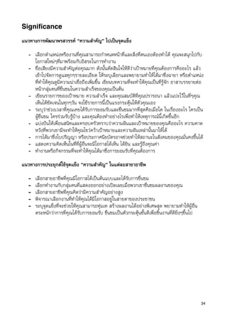 Signiﬁcance

แนวทางการพัฒนาพรสวรรค “ความสำคัญ” ไปเปนจุดแข็ง

   - เลือกตำแหนงหรืองานที่คุณสามารถกำหนดหนาที่และสิ่งที่ตนเองตองทำได คุณจะสนุกไปกับ
     โอกาสใหมๆที่มาพรอมกับอิสระในการทำงาน
   - ชื่อเสียงมีความสำคัญตอคุณมาก ดังนั้นตัดสินใจใหดีวาเปาหมายที่คุณตองการคืออะไร แลว
     เขาไปจัดการดูแลทุกๆรายละเอียด ใหระบุเลือกและพยายามทำใหไดมาซึ่งฉายา หรือตำแหนง
     ที่ทำใหคุณดูมีความนาเชื่อถือเพิ่มขึ้น เขียนบทความที่จะทำใหคุณเปนที่รูจัก อาสาบรรยายตอ
     หนากลุมคนที่ชื่นชมในความสำเร็จของคุณเปนตน
   - เขียนรายการของเปาหมาย ความสำเร็จ และคุณสมบัติที่คุณปรารถนา แลวแปะใวในที่ๆคุณ
     เห็นไดชัดเจนในทุกๆวัน จงใชรายการนี้เปนแรงกระตุนใหตัวคุณเอง
   - ระบุวาชวงเวลาที่คุณเคยไดรับการยอมรับและชื่นชมมากที่สุดคือเมื่อใด ในเรื่องอะไร ใครเปน
     ผูชื่นชม ใครรวมรับรูบาง และคุณตองทำอยางไรเพื่อทำใหเหตุการณนี้เกิดขึ้นอีก
   - แบงปนใหเพื่อนสนิทและครอบครัวทราบวาความฝนและเปาหมายของคุณคืออะไร ความคาด
     หวังที่พวกเขามีจะทำใหคุณไขวควาเปาหมายและความฝนเหลานั้นมาใหได
   - การไดมาซึ่งใบปริญญา หรือประกาศนียบัตรอาจชวยทำใหสถานะในสังคมของคุณมั่นคงขึ้นได
   - แสดงความคิดเห็นในที่ที่ผูอื่นจะมีโอกาสไดเห็น ไดยิน และรูถึงคุณคา
   - ทำงานหรือกิจกรรมที่จะทำใหคุณไดมาซึ่งการยอมรับที่คุณตองการ
แนวทางการประยุกตใชจุดแข็ง “ความสำคัญ” ในแตละสาขาอาชีพ

   -   เลือกสายอาชีพที่คุณมีโอกาสไดเปนตนแบบและไดรับการชื่นชม
   -   เลือกทำงานกับกลุมคนที่แสดงออกอยางเปดเผยเมื่อพวกเขาชื่นชมผลงานของคุณ
   -   เลือกสายอาชีพที่คุณคิดวามีความสำคัญอยางสูง
   -   พิจารณาเลือกงานที่ทำใหคุณไดมีโอกาสอยูในสายตาของประชาชน
   -   ระบุจุดแข็งที่จะชวยใหคุณสามารถทุมเท สรางผลงานไดอยางพิเศษสุด พยายามทำใหผูอื่น
       ตระหนักวาการที่คุณไดรับการยอมรับ ชื่นชมเปนตัวกระตุนชั้นดีเพื่อชิ้นงานที่ดียิ่งๆขึ้นไป




                                                                                                   34
 