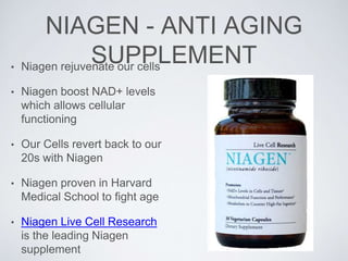 NIAGEN - ANTI AGING
SUPPLEMENT• Niagen rejuvenate our cells
• Niagen boost NAD+ levels
which allows cellular
functioning
• Our Cells revert back to our
20s with Niagen
• Niagen proven in Harvard
Medical School to fight age
• Niagen Live Cell Research
is the leading Niagen
supplement
 