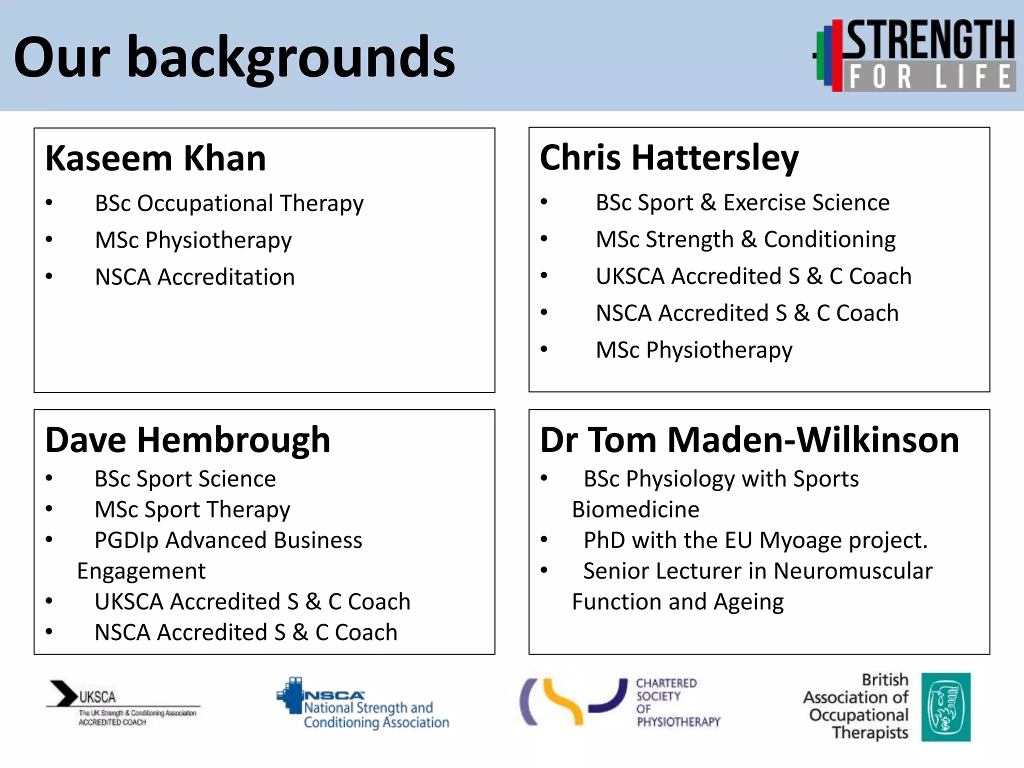 Chris Hattersley
• BSc Sport & Exercise Science
• MSc Strength & Conditioning
• UKSCA Accredited S & C Coach
• NSCA Accredited S & C Coach
• MSc Physiotherapy
Kaseem Khan
• BSc Occupational Therapy
• MSc Physiotherapy
• NSCA Accreditation
Our backgrounds
Dave Hembrough
• BSc Sport Science
• MSc Sport Therapy
• PGDIp Advanced Business
Engagement
• UKSCA Accredited S & C Coach
• NSCA Accredited S & C Coach
Dr Tom Maden-Wilkinson
• BSc Physiology with Sports
Biomedicine
• PhD with the EU Myoage project.
• Senior Lecturer in Neuromuscular
Function and Ageing
 