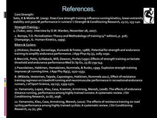 References.
Core Strength:
Sato, K & Mokha M. (2009). DoesCore strength training influence running kinetics, lower-extremity
stability and 5000-M performance in runners? J Strength & Conditioning Research, 23 (1), 133-140.
StrengthTraining –
1. (Tudor, 2007. interview by D.W. Warden, November 28, 2007).
2. Bompa,T.O. Periodization:Theory and Methodology of training (4th edition), p. 316).
Champaign, IL: Human Kinetics, 1999).
Bikers & Cyclers:
5.(Hickson, Dvorak, Gorostiaga, Kurowski & Foster, 1988). Potential for strength and endurance
training to amplify endurance performance. J App Phys 65 (5), 2285-2290.
6.Marcinik, Potts, Schlaback,Will, Dawson, Hurley (1991).Effects of strength training on lactate
threshold and endurance performance Med Sc Sp Ex, 23 (6) 739-743.
7.Paavolainen, Hakkinen, Hamalainen, Nummela, & Rusko, 1999. Explosive strength training
improves 5K running time. J App Phy 89(5), 1527-1533.
8. (Mikkola,Vesterinen,Taipale, Capostagno, Hakkinen, Nummela 2011), Effect of resistance
training regimesn on treadmill running and neuromuscular performance in recreational endurance
runners, J of Sport Science, 29 (13), 1359-1371.
11.Yamamoto, Lopez, Klau, Casa, Kraemer,Armstrong, Maresh, (2008).The effects of endurance
distance running, performance among highly trained runners:A systematic review. J Str
Conditioning Research, 22 (6), 2036.
12.Yamamoto, Klau, Casa, Armstrong, Maresh, (2010).The effects of resistance training on road
cycling performance among highly trained cyclists:A systematic review. J Str Conditioning
Research, 24 (2), 560.
 