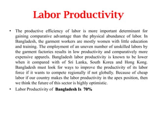 Labor Productivity
• The productive efficiency of labor is more important determinant for
gaining comparative advantage than the physical abundance of labor. In
Bangladesh, the garment workers are mostly women with little education
and training. The employment of an uneven number of unskilled labors by
the garment factories results in low productivity and comparatively more
expensive apparels. Bangladesh labor productivity is known to be lower
when it compared with of Sri Lanka, South Korea and Hong Kong.
Bangladesh must look for ways to improve the productivity of its labor
force if it wants to compete regionally if not globally. Because of cheap
labor if our country makes the labor productivity in the apex position, then
we think the future of this sector is highly optimistic.
• Labor Productivity of Bangladesh Is 70%

 