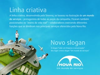 Linha criativa
A linha criativa, desenvolvida pela Strenna, se baseou na ilustração de um mundo
de serviços - protagonista de todas as peças da campanha. Ficaram também
posicionados os “atores da vida real” – colaboradores exercendo diferentes
funções que se dividiram nos principais serviços oferecidos pela Nova Rio.




                                       Novo slogan
                                       O slogan “Líder em limpeza e conservação”
                                       deu lugar a novo slogan “Um mundo de serviços”




                                             Um mundo  de  ser v i ços
 