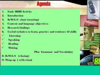 Agenda
1. Early BIRDActivity
2. Introduction
3. K-W-L-S chart (starting)
4. Content and language objectives
5. Research findings
6. Useful websites to learn, practice and reinforce l2 skills
 Listening
 Speaking
 Reading
 Writing
Plus Grammar and Vocabulary
8- K-W-L-S (closing)
9- Wrap up ( reflection)
 