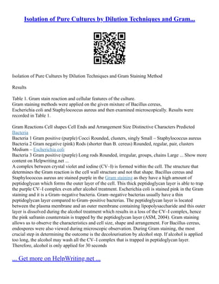 Isolation of Pure Cultures by Dilution Techniques and Gram...
Isolation of Pure Cultures by Dilution Techniques and Gram Staining Method
Results
Table 1. Gram stain reaction and cellular features of the culture.
Gram staining methods were applied on the given mixture of Bacillus cereus,
Escherichia coli and Staphylococcus aureus and then examined microscopically. Results were
recorded in Table 1.
Gram Reactions Cell shapes Cell Ends and Arrangement Size Distinctive Characters Predicted
Bacteria
Bacteria 1 Gram positive (purple) Cocci Rounded, clusters, singly Small – Staphylococcus aureus
Bacteria 2 Gram negative (pink) Rods (shorter than B. cereus) Rounded, regular, pair, clusters
Medium – Escherichia coli
Bacteria 3 Gram positive (purple) Long rods Rounded, irregular, groups, chains Large ... Show more
content on Helpwriting.net ...
A complex between crystal violet and iodine (CV–I) is formed within the cell. The structure that
determines the Gram reaction is the cell wall structure and not that shape. Bacillus cereus and
Staphylococcus aureus are stained purple in the Gram staining as they have a high amount of
peptidoglycan which forms the outer layer of the cell. This thick peptidoglycan layer is able to trap
the purple CV–I complex even after alcohol treatment. Escherichia coli is stained pink in the Gram
staining and it is a Gram–negative bacteria. Gram–negative bacterias usually have a thin
peptidoglycan layer compared to Gram–positive bacterias. The peptidoglycan layer is located
between the plasma membrane and an outer membrane containing lipopolysaccharide and this outer
layer is dissolved during the alcohol treatment which results in a loss of the CV–I complex, hence
the pink safranin counterstain is trapped by the peptidoglycan layer (ASM, 2004). Gram staining
allows us to observe the characteristics and cell size, shape and arrangement. For Bacillus cereus,
endospores were also viewed during microscopic observation. During Gram staining, the most
crucial step in determining the outcome is the decolourisation by alcohol step. If alcohol is applied
too long, the alcohol may wash all the CV–I complex that is trapped in peptidoglycan layer.
Therefore, alcohol is only applied for 30 seconds
... Get more on HelpWriting.net ...
 