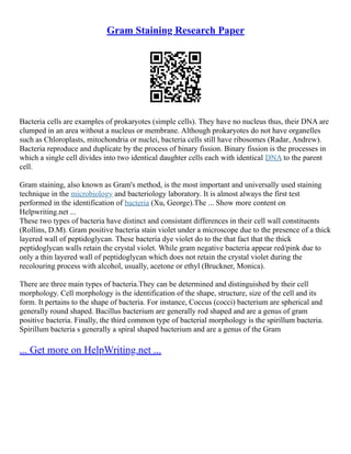 Gram Staining Research Paper
Bacteria cells are examples of prokaryotes (simple cells). They have no nucleus thus, their DNA are
clumped in an area without a nucleus or membrane. Although prokaryotes do not have organelles
such as Chloroplasts, mitochondria or nuclei, bacteria cells still have ribosomes (Radar, Andrew).
Bacteria reproduce and duplicate by the process of binary fission. Binary fission is the processes in
which a single cell divides into two identical daughter cells each with identical DNA to the parent
cell.
Gram staining, also known as Gram's method, is the most important and universally used staining
technique in the microbiology and bacteriology laboratory. It is almost always the first test
performed in the identification of bacteria (Xu, George).The ... Show more content on
Helpwriting.net ...
These two types of bacteria have distinct and consistant differences in their cell wall constituents
(Rollins, D.M). Gram positive bacteria stain violet under a microscope due to the presence of a thick
layered wall of peptidoglycan. These bacteria dye violet do to the that fact that the thick
peptidoglycan walls retain the crystal violet. While gram negative bacteria appear red/pink due to
only a thin layered wall of peptidoglycan which does not retain the crystal violet during the
recolouring process with alcohol, usually, acetone or ethyl (Bruckner, Monica).
There are three main types of bacteria.They can be determined and distinguished by their cell
morphology. Cell morphology is the identification of the shape, structure, size of the cell and its
form. It pertains to the shape of bacteria. For instance, Coccus (cocci) bacterium are spherical and
generally round shaped. Bacillus bacterium are generally rod shaped and are a genus of gram
positive bacteria. Finally, the third common type of bacterial morphology is the spirillum bacteria.
Spirillum bacteria s generally a spiral shaped bacterium and are a genus of the Gram
... Get more on HelpWriting.net ...
 