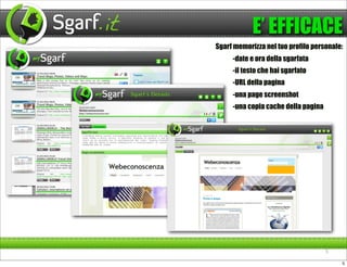 E’ EFFICACE
Sgarf memorizza nel tuo profilo personale:
     -date e ora della sgarfata
     -il testo che hai sgarfato
     -URL della pagina
     -una page screenshot
     -una copia cache della pagina




                                     5

                                         5
 