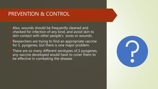 PREVENTION & CONTROL
 Also, wounds should be frequently cleaned and
checked for infection of any kind, and avoid skin to
skin contact with other people’s sores or wounds.
 Researchers are trying to find an appropriate vaccine
for S. pyogenes, but there is one major problem.
 There are so many different serotypes of S pyogenes,
any vaccine developed would have to cover them to
be effective in combating the disease.
 