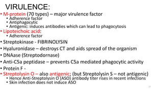 27
VIRULENCE:
• M-protein (70 types) – major virulence factor
• Adherence factor
• Antiphagocytic
• Antigenic: induces antibodies which can lead to phagocytosis
• Lipoteichoic acid:
• Adherence factor
• Streptokinase - FIBRINOLYSIN
• Hyaluronidase – destroys CT and aids spread of the organism
• DNAase (Streptodornase)
• Anti-C5a peptidase – prevents C5a mediated phagocytic activity
• Protein F -
• Streptolysin O – also antigenic; (but Streptolysin S – not antigenic)
• Hence Anti-Streptolysin O (ASO) antibody titer rises in recent infections
• Skin infection does not induce ASO
 