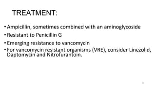 45
TREATMENT:
•Ampicillin, sometimes combined with an aminoglycoside
•Resistant to Penicillin G
•Emerging resistance to vancomycin
•For vancomycin resistant organisms (VRE), consider Linezolid,
Daptomycin and Nitrofurantoin.
 