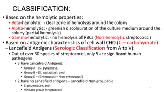 5
CLASSIFICATION:
• Based on the hemolytic properties:
▪ Beta-hemolytic: - clear zone of hemolysis around the colony
▪ Alpha-hemolytic: - greenish discolouration of the culture medium around the
colony (partial hemolysis)
▪ Gamma-hemolytic: - no hemolysis of RBCs (Non-hemolytic streptococci)
• Based on antigenic characteristics of cell wall CHO (C – carbohydrate)
–Lancefield Antigens (Serologic Classification from A to V):
▪ Out of over 30 species of streptococci, only 5 are significant human
pathogens
▪ 3 have Lancefield Antigens:
▪ Group A – (S. pyogenes),
▪ Group B – (S. agalactiae), and
▪ Group D – (Enteroccoci + Non-enterococci)
▪ 2 have no Lancefield antigens – Lancefield Non-groupable:
▪ S. pnuemoiae, and
▪ Viridans group Streptoccoci
 