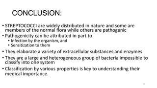 59
CONCLUSION:
• STREPTOCOCCI are widely distributed in nature and some are
members of the normal flora while others are pathogenic
• Pathogenicity can be attributed in part to
• Infection by the organism, and
• Sensitization to them
• They elaborate a variety of extracellular substances and enzymes
• They are a large and heterogeneous group of bacteria impossible to
classify into one system
• Classification by various properties is key to understanding their
medical importance.
 