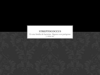 STREPTOCOCCUS
Es una familia de bacterias. Algunos son patógenas
y otras no.

 