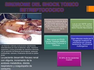 SINDROME DEL SHOCK TOXICO
ESTREPTOCOCICO
Aunque la incidencia de la
enfermedad grave por S.
Pyogenes ha disminuido de
manera ininterrumpidatras
la introduccion del tx
antibiotico
Los px con SSTE sufren
bacteremia y la mayoria
tiene Fascitis Necrosante
Mas comun en PVVS,
Cancer, Diabetes Mellitus,
Enfermedad Pulmonar o
Cardiaca
Esta infeccion morta por S
Pyogenes invasivos se
caracteriza por choque,
bacteremia, insuficiencia
multiorganica
El 30% de los pacientes
mueren
Las lesiones cutáneas evolucionaron rápidamente,
extendiéndose por todo el abdomen, tórax, miembros
superiores y zonas proximales de miembros inferiores,
con la aparición de flictenas hemorrágicas, petequias
confluyentes, cianosis y finalmente necrosis en partes
acras
La paciente desarrolló fracaso renal
con oliguria, incremento de la
acidosis metabólica, distrés
respiratorio y coagulopatía de
consumo.
 