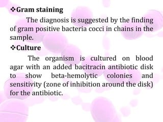 Gram staining
The diagnosis is suggested by the finding
of gram positive bacteria cocci in chains in the
sample.
Culture
The organism is cultured on blood
agar with an added bacitracin antibiotic disk
to show beta-hemolytic colonies and
sensitivity (zone of inhibition around the disk)
for the antibiotic.
 