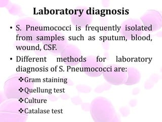 Laboratory diagnosis
• S. Pneumococci is frequently isolated
from samples such as sputum, blood,
wound, CSF.
• Different methods for laboratory
diagnosis of S. Pneumococci are:
Gram staining
Quellung test
Culture
Catalase test
 
