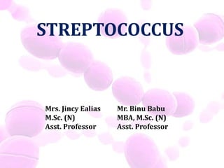 STREPTOCOCCUS
Mrs. Jincy Ealias
M.Sc. (N)
Asst. Professor
Mr. Binu Babu
MBA, M.Sc. (N)
Asst. Professor
 