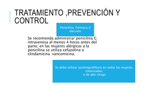 TRATAMIENTO ,PREVENCIÓN Y
CONTROL
Se recomienda administrar penicilina G
intravenosa al menos 4 horas antes del
parto; en las mujeres alérgicas a la
penicilina se utiliza cefazolina o
clindamicina vancomicina.
Penicilina: Fármaco d
elección
Se debe utilizar quimioprofilaxis en todas las mujeres
colonizadas
o de alto riesgo
 