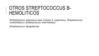 OTROS STREPTOCOCCUS B-
HEMOLITICOS
Streptococcus anginosus (que incluye S. anginosus, Streptococcus
constellatus y Streptococcus intermedius)
Streptococcus dysgalactiae
 