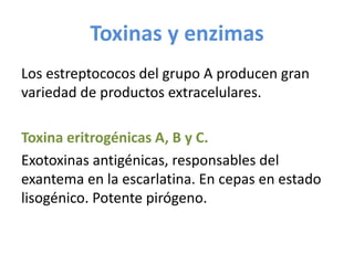 Toxinas y enzimas
Los estreptococos del grupo A producen gran
variedad de productos extracelulares.
Toxina eritrogénicas A, B y C.
Exotoxinas antigénicas, responsables del
exantema en la escarlatina. En cepas en estado
lisogénico. Potente pirógeno.
 