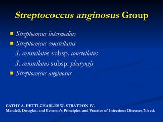 Streptococcus anginosus  Group Streptococcus intermedius   Streptococcus constellatus   S. constellatu s subsp.  constellatus  S. constellatus  subsp.  pharyngis Streptococcus anginosus CATHY A. PETTI,CHARLES W. STRATTON IV. Mandell, Douglas, and Bennett's Principles and Practice of Infectious Diseases,7th ed. 