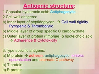 Antigenic structure:
1.Capsular hyaluronic acid: Antiphagocytic
2.Cell wall antigens:
a) Inner layer of peptidoglycan  Cell wall rigidity.
Pyrogenic & Thrombolytic
b) Middle layer of group specific C carbohydrate
c) Outer layer of protein (fimbriae) & lipoteichoic acid
 Adherence & Cytotoxicity
3.Type specific antigens:
a) M protein  adhesin, antiphagocytic, inhibits
opsonization and alternate C pathway
b) T protein
c) R protein
 