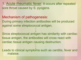 1. Acute rheumatic fever: It occurs after repeated
sore throat caused by S. pyogens.
Mechanism of pathogenesis:
During primary infection antibodies will be produced
against some streptococcal antigen.
Since streptococcal antigen has similarity with cardiac
tissue antigen, the antibodies will cross react with
cardiac tissue antigen causing destruction.
Leads to clinical symptoms such as carditis, fever and
malaise.
 