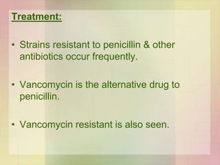 Treatment:
• Strains resistant to penicillin & other
antibiotics occur frequently.
• Vancomycin is the alternative drug to
penicillin.
• Vancomycin resistant is also seen.
 
