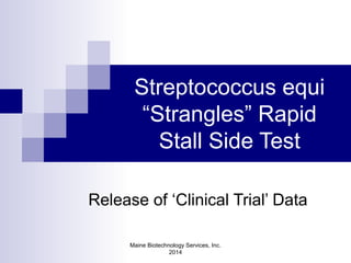 Maine Biotechnology Services, Inc.
2014
Streptococcus equi
“Strangles” Rapid
Stall Side Test
Release of Field Trial Data
 