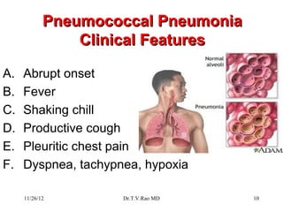 Pneumococcal Pneumonia
                Clinical Features

A.   Abrupt onset
B.   Fever
C.   Shaking chill
D.   Productive cough
E.   Pleuritic chest pain
F.   Dyspnea, tachypnea, hypoxia

     11/26/12        Dr.T.V.Rao MD   10
 