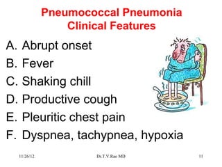 Pneumococcal Pneumonia
                    Clinical Features
A.    Abrupt onset
B.    Fever
C.    Shaking chill
D.    Productive cough
E.    Pleuritic chest pain
F.    Dyspnea, tachypnea, hypoxia
     11/26/12           Dr.T.V.Rao MD    11
 